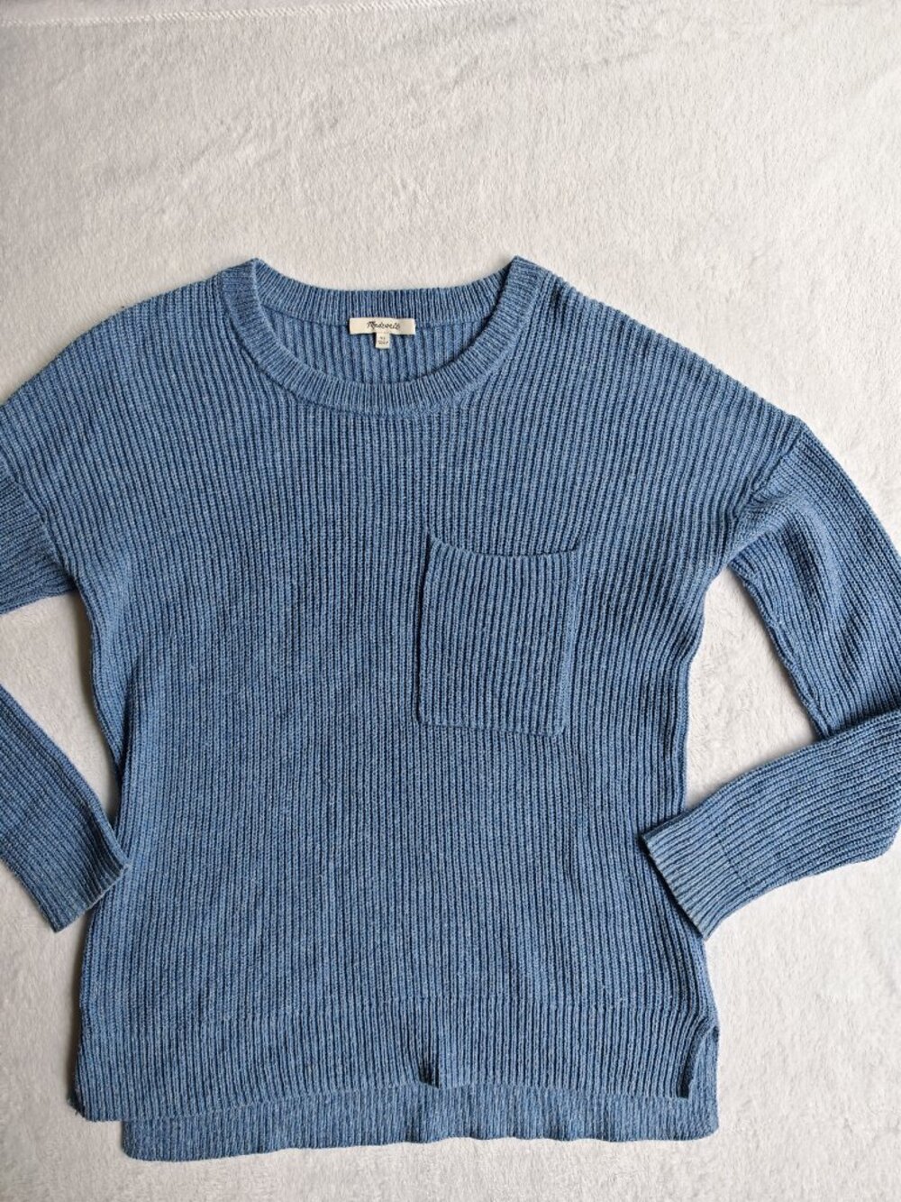 Madewell Blue Ribbed Knit Sweater XS Crewneck Pocket Soft Cozy Aesthetic Minimal - Picture 6 of 9